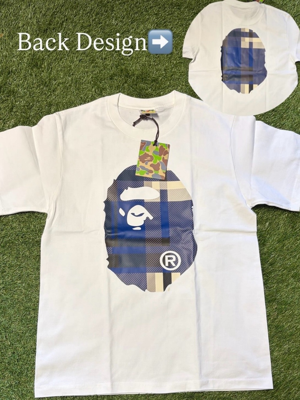 Bape shirt White Short Sleeve Tee with Navy and Beige Plaid Ape Logo
